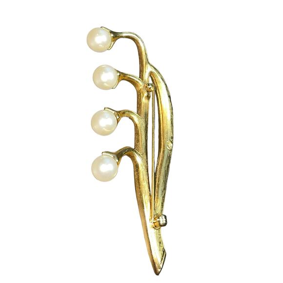 Swarovski Crystal Faux Pearl Brooch Pin Gold Tone Lily of the Valley Signed Swan - Picture 9 of 13